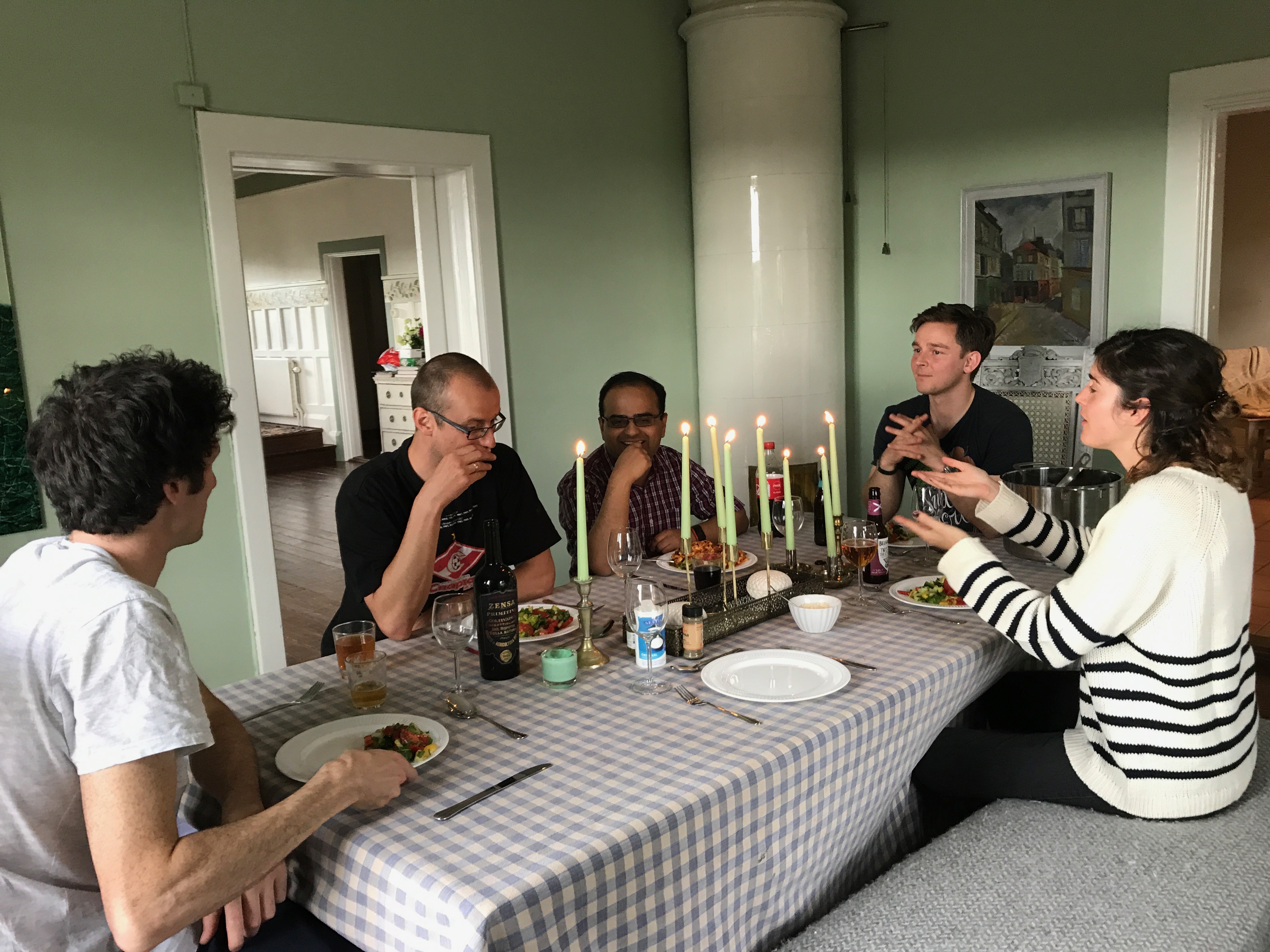 Image 2. Lunch in the dining room. Sam, Kostya, Navneet, Ulrich and Berta.  